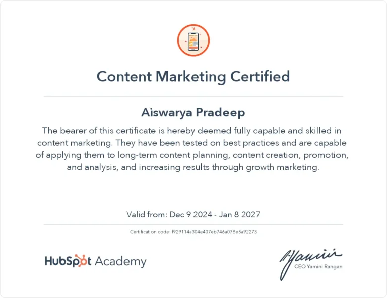 Certificate of content marketing awarded to the best digital marketing expert in kochi by Hubspot academy